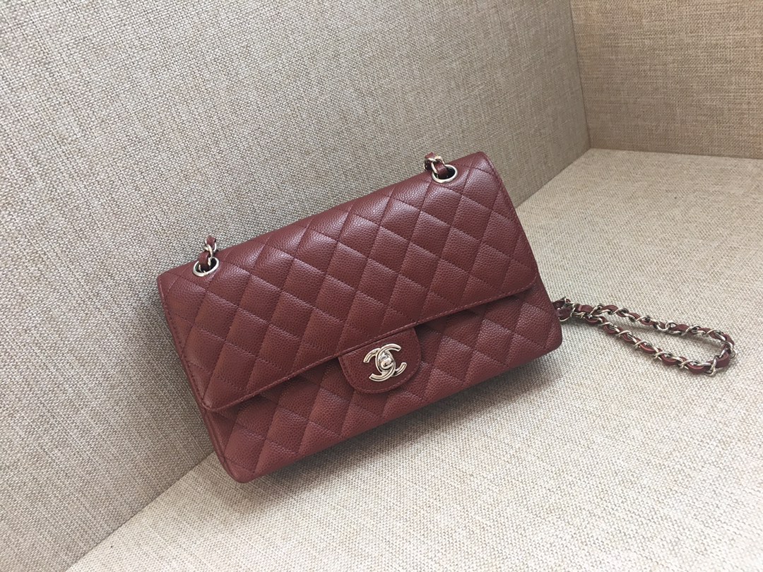 Medium Classic Flap Caviar Bag A01112 Burgundy/Silver